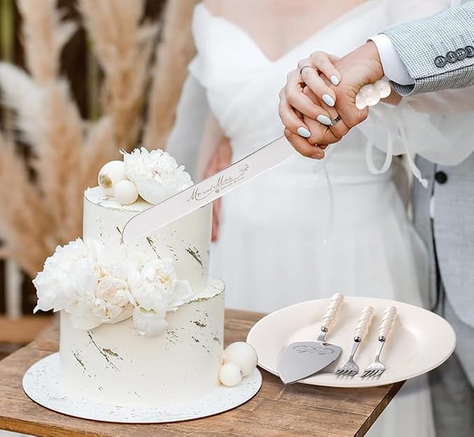Wedding Cake Knife and Server Set, Ceramic Pearl Handle Cake Cutting Set - Image 4
