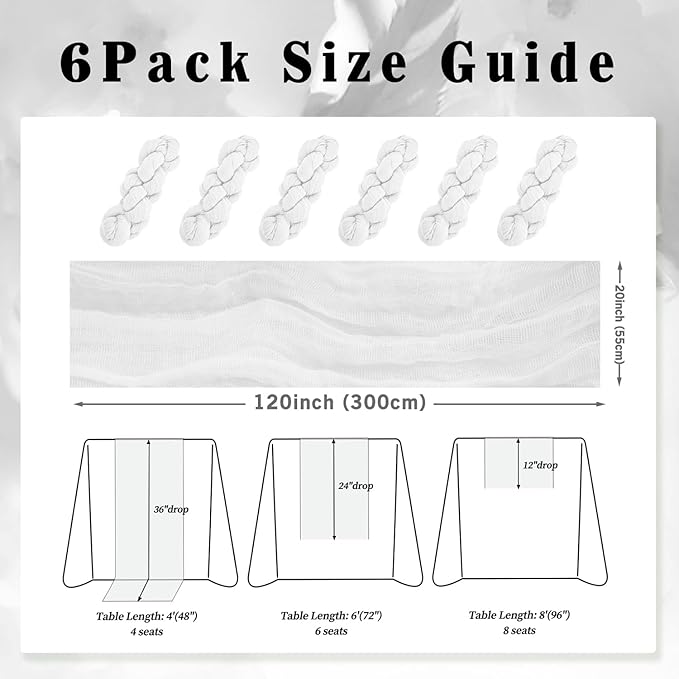 10FT 6 Pack White Cheesecloth Table Runner 20 x 120 Inch Long Rustic Gauze - Image 2