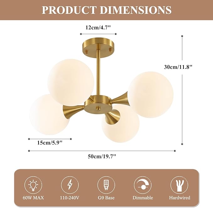 KCO Lighting Modern Globe Ceiling Light Gold Semi Flush Mount Sputnik - Image 2