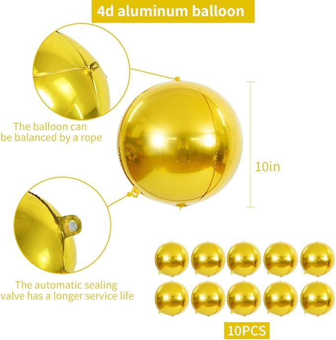 10 pcs Gold 4D balloon, 10 inch Foil Mylar Sphere Balloon - Image 2