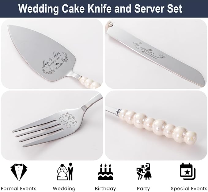 Wedding Cake Knife and Server Set, Ceramic Pearl Handle Cake Cutting Set - Image 2