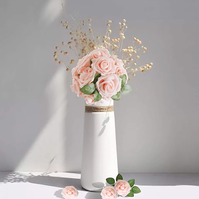 AmyHomie Artificial Flower Blush Pink Rose 50pcs Real Looking Fake Roses w/Stem - Image 3