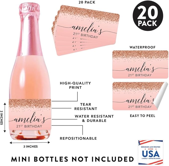 Andaz Press Personalized Mini Champagne Wine Bottle Labels, Birthday Blush Pink - Image 2