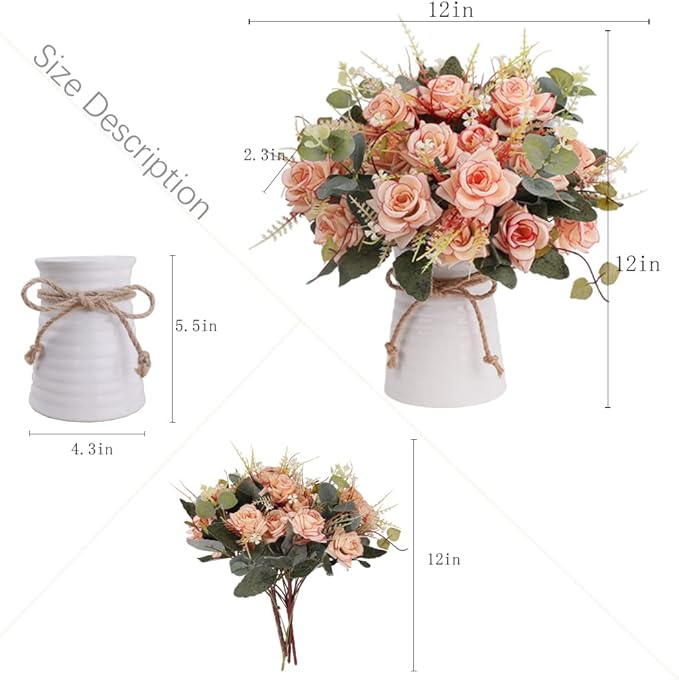 LESING Artificial Rose with Vase, Fake Silk Flowers Bouquets in Vase Table - Image 4