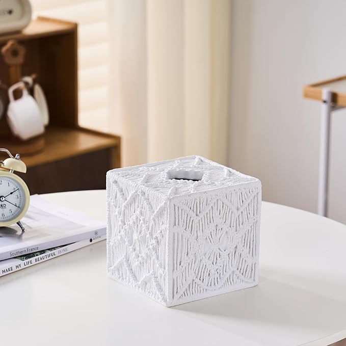 White Woven Macrame Boho Tissue Box Cover Square - Image 9