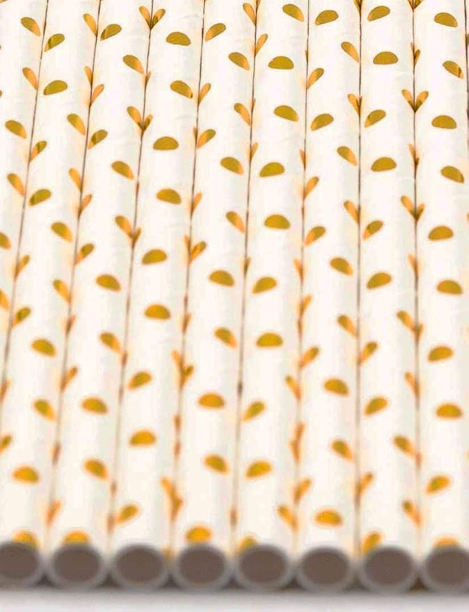 Pack of 300 Gold Polka Dot Foil Biodegradable 4-Ply Paper Drinking Straws - Image 3