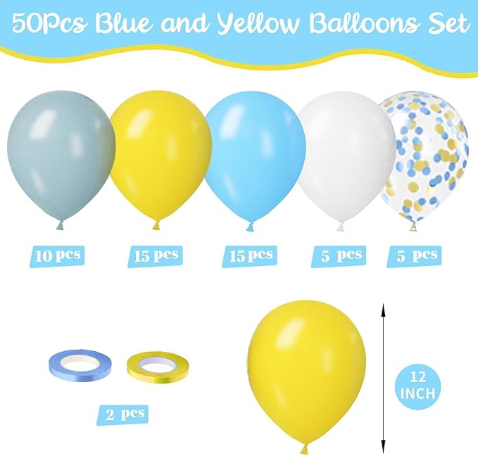 Paready 50pc Blue & Yellow Balloons - 12in Dusty Blue - Image 3