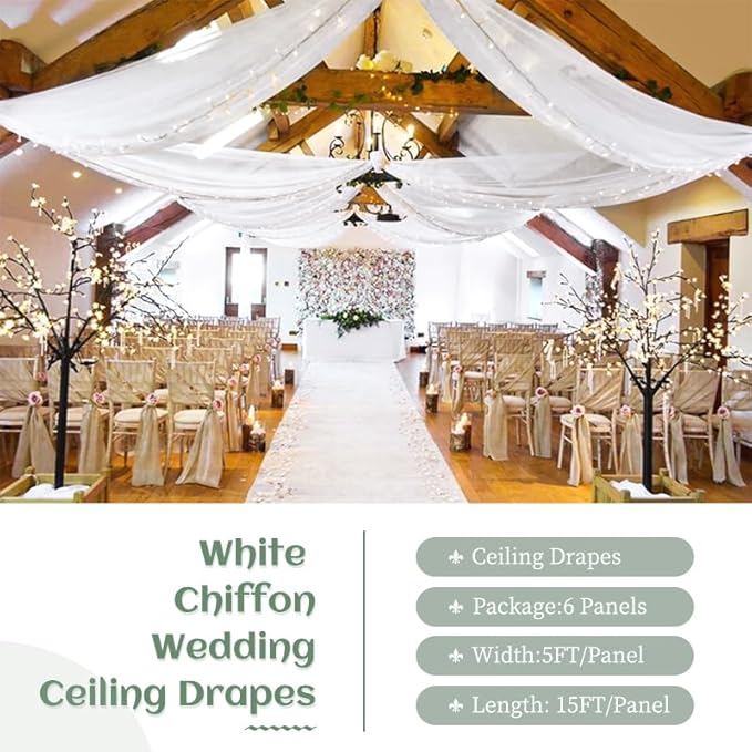 4 Panels White Ceiling Drapes 5ftx20ft Wedding Ceiling Drapes Chiffon Fabric - Image 2