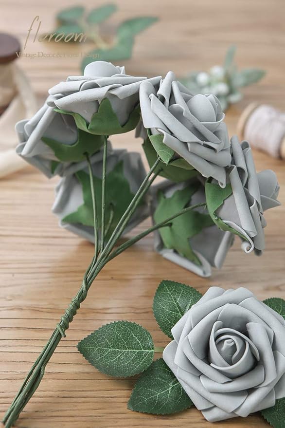 Floroom Artificial Flowers 25pcs Real Looking Silver Grey Foam Fake Roses - Image 2