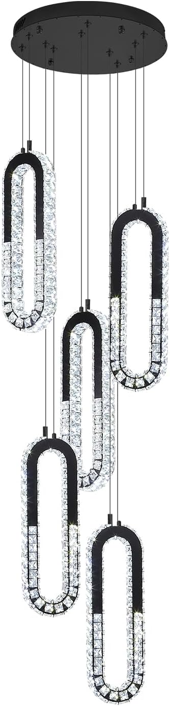 5 Rings Crystal Chandeliers for Staircase Large Pendants Light Fixture Black - Image 8
