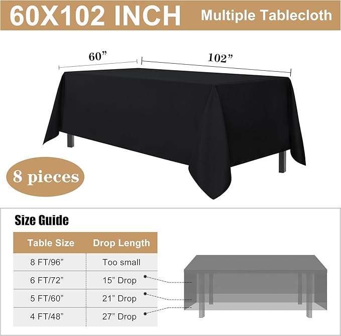sancua 8 Pack Black Tablecloth 60 x 102 Inch, Rectangle Table Cloth - Image 7