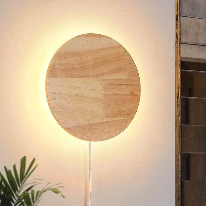 Modern Minimalist Plug in Wall Sconces, Plug-in Or Cordless 11.8'' Round Wood by ATALUZ