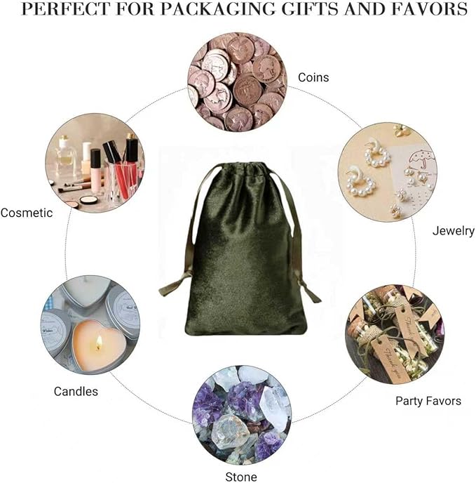 QIANF 12pcs Moss Green Velvet Drawstring Bags 4x6 inches Glossy Small Velvet - Image 2