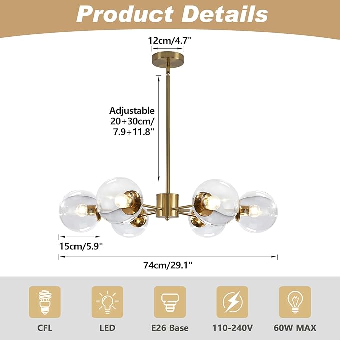 KCO Lighting Modern 6-Light Sputnik Chandelier - Image 2