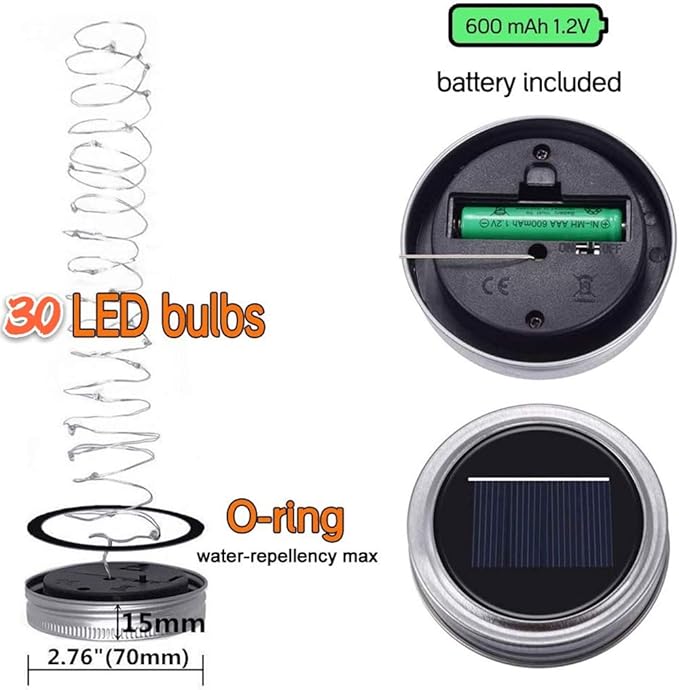SunKite Solar Mason Jar Lights, 12 Pack 30 LED Waterproof Fairy Firefly Jar - Image 5