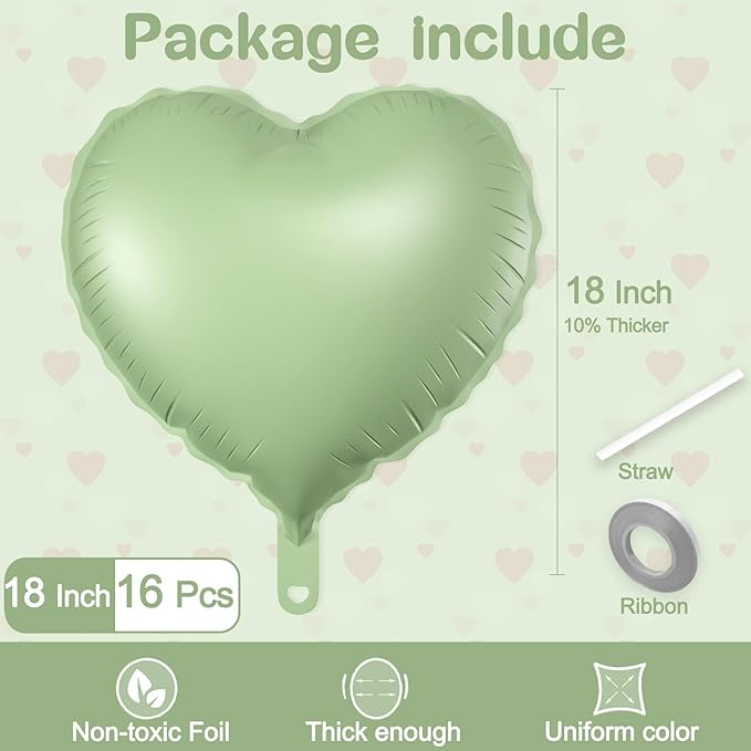 16 Pcs Heart Balloons, 18 Inch Olive Green Love Heart Shaped Foil Balloons - Image 2