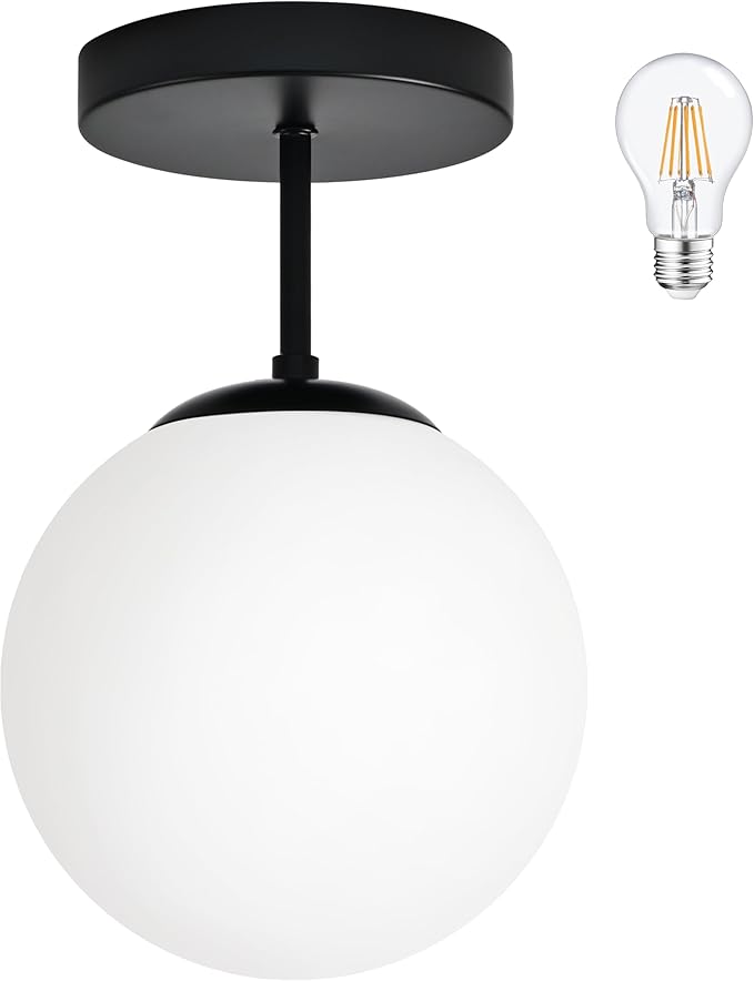8" Black Semi Flush Mount Ceiling Light Fixture Milk Glass Globe Ceiling Light by Bagood