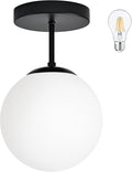 8" Black Semi Flush Mount Ceiling Light Fixture Milk Glass Globe Ceiling Light by Bagood