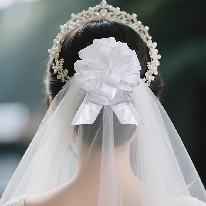 12 PCS 6 Inch Large Pull Organza White Bows - Image 5