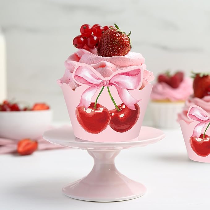 36Pcs Pink Bow Cherry Cupcake Wrappers Pink Red Bowknot Cherry Cupcake Liners - Image 6