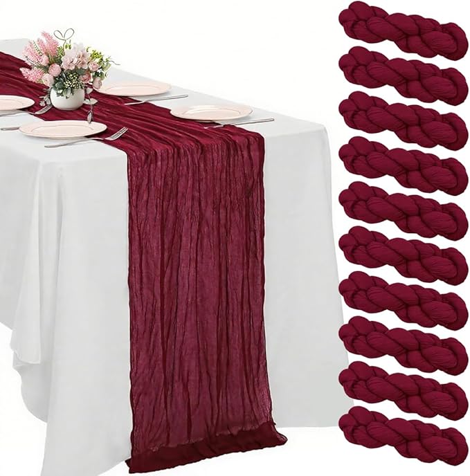 10 Pack Wine red Cheesecloth Table Runner -21*120Inch Long Boho Wedding Table by MIRRASMIRROR