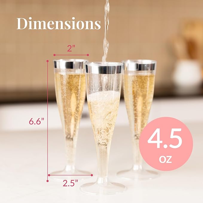 Prestee Set of 24 Silver Glitter Plastic Champagne Flutes - Image 3