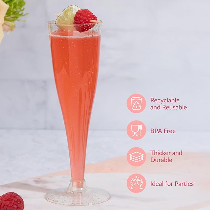 Prestee 200 Disposable Champagne Flutes Gold Glitter Glasses - Image 5