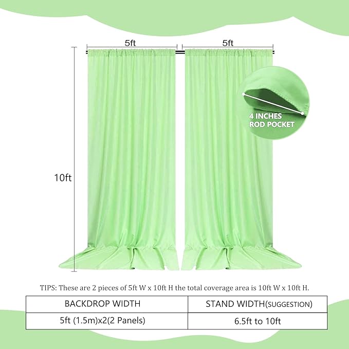 2 Panels Light Green Backdrop Curtain, 10 x 10 Feet Satin Background Curtains - Image 2