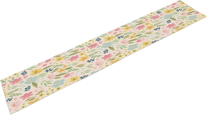 Floral Table Runner, Boho Style Watercolor Flower Green Leaf Plant Rectangle by AuiMzoo