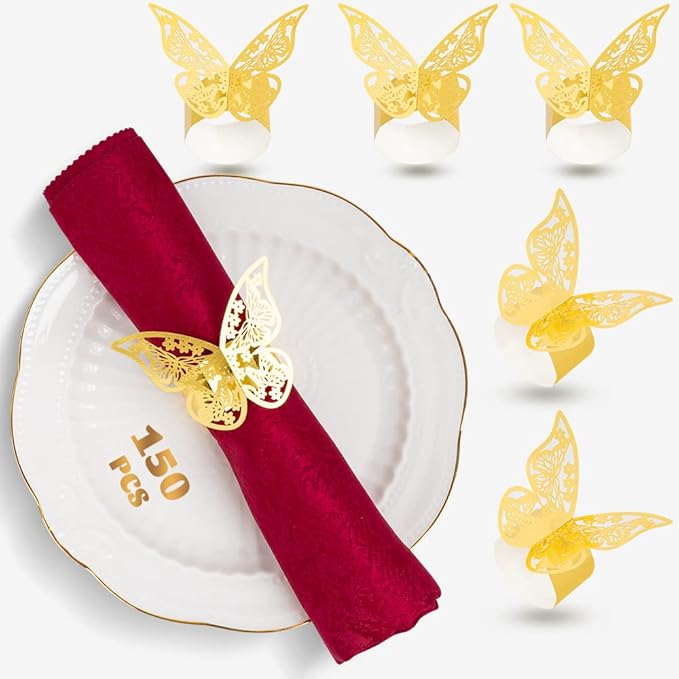 150 Pcs Napkin Rings Laser Cut Butterfly Shape Foil Paper Napkin Holder by NPKRRSK