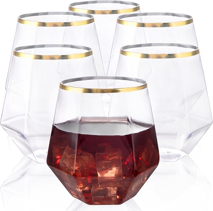 LUODA 32 Pack Gold Plastic Stemless Wine Glasses, 12 Oz Disposable Diamond by LUODA