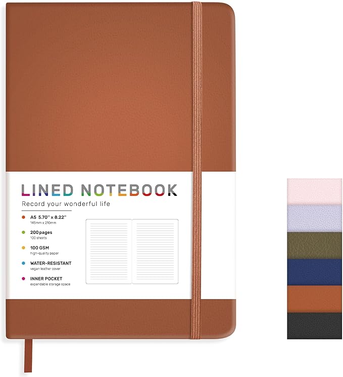 Lined Journal Notebook for Women Men, 200 Pages A5 Hardcover Leather Journals by RIANEAN