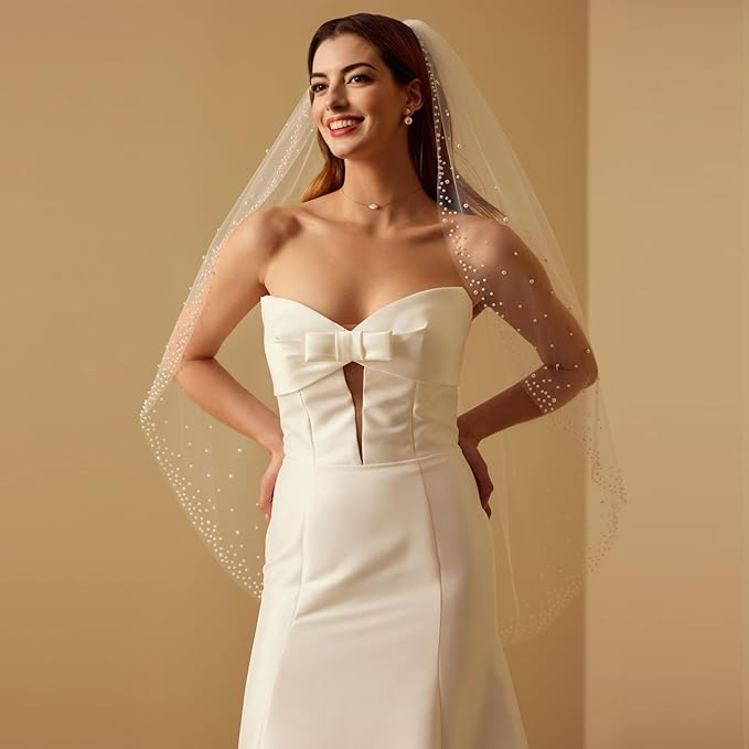 1 Tier Pearl Wedding Bridal Veil - Image 4