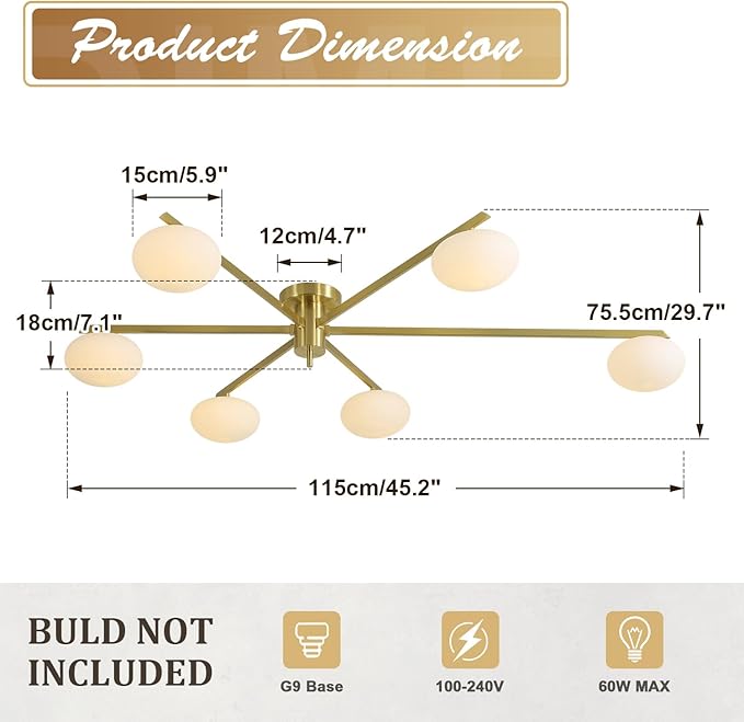 6-Lights Gold Sputnik Chandelier Modern Ceiling Light Fixtures Retro Glass - Image 3