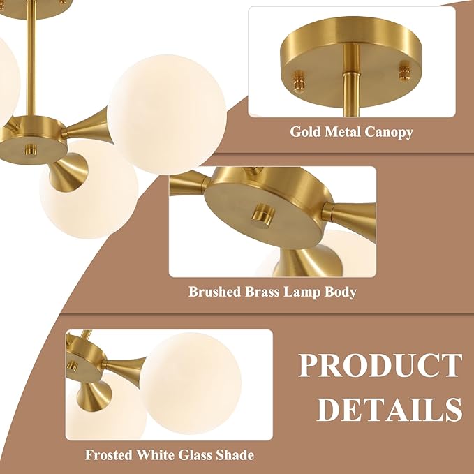 KCO Lighting Modern Globe Ceiling Light Gold Semi Flush Mount Sputnik - Image 3