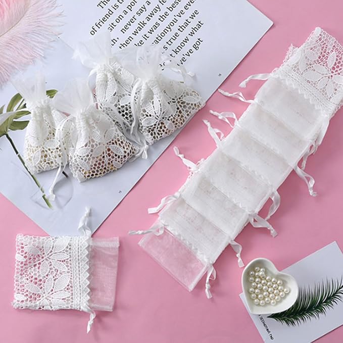 Ewanda store 8Pcs Lace Organza Drawstring Bags White Leaf Cotton Drawstring Bag - Image 4