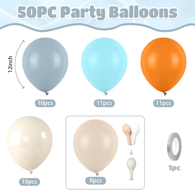 Blue and Orange Balloons, Retro Orange Dusty Blue Teal Ivory Beige Balloon - Image 2