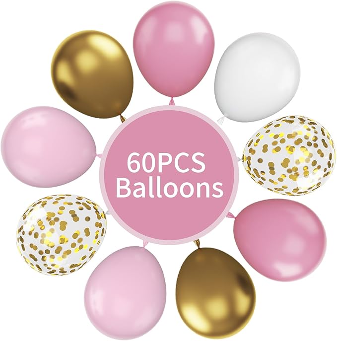 FunHot Pink and Gold Balloons, 12 Inch Metallic Gold Confetti Balloons Helium - Image 3