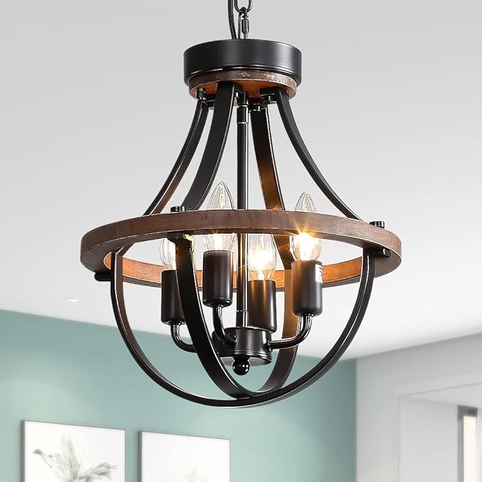Farmhouse Chandelier, Modern Hanging Pendant Lighting, 4-Light Rustic Ceiling by LANPESTING