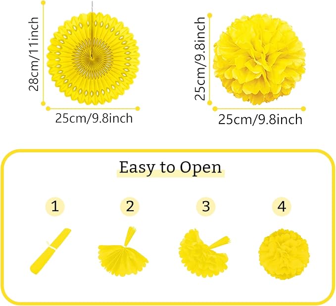 Yellow Party Decorations, Papar Fans Pompoms Fans Garlands - Image 4