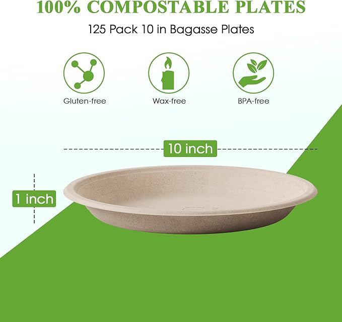 ECOLipak 125 Pack Paper Plates 10 inch 100% Compostable, Heavy-Duty Dinner - Image 6