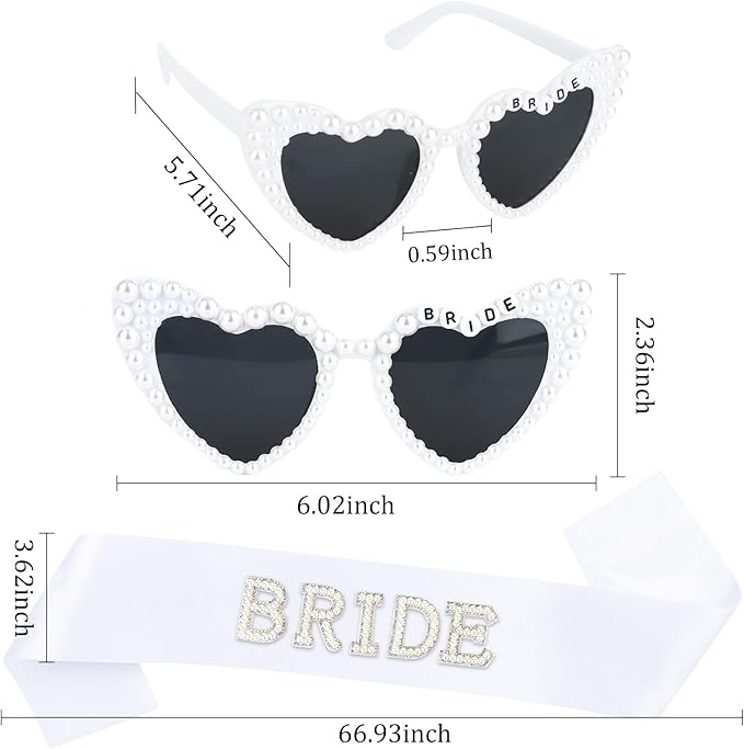 White Bride Sash & Heart Sunglasses Set Bachelorette Party Decorations Bridal - Image 2