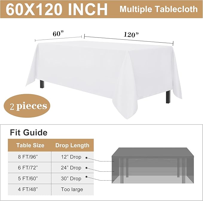 sancua 2 Pack White Tablecloth 60 x 120 Inch, Rectangle 8 Feet Table Cloth - Image 7