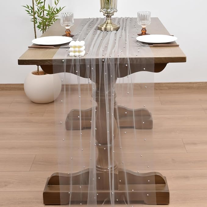Joanlody Fall Pearl Table Runner 10ft Rustic Boho Tulle Table Runner - Image 6