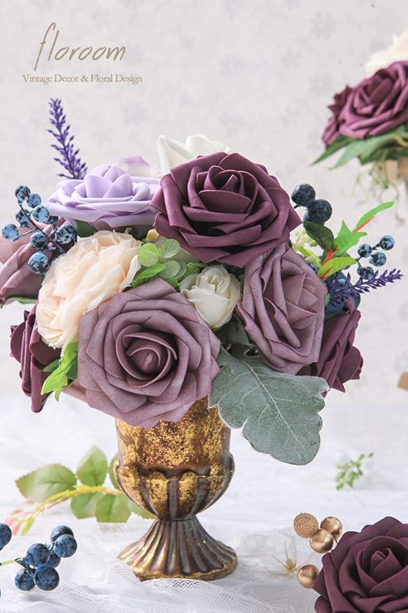 Floroom Artificial Flowers 25pcs Real Looking Plum Foam Fake Roses - Image 2
