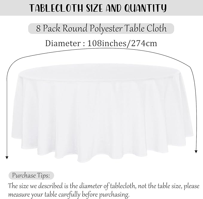 8 Pack Premium Round Tablecloth 108 Inch Round Table Covers Washable Polyester - Image 2