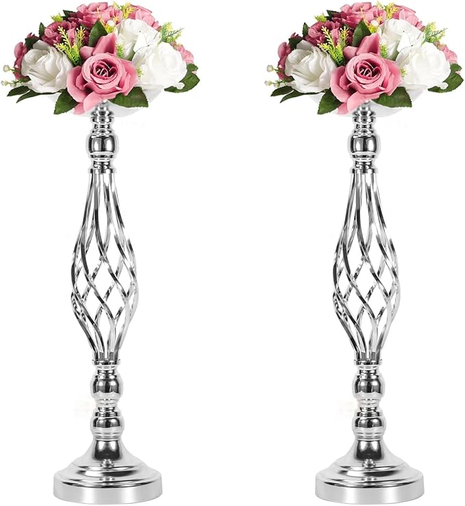 LANLONG 2pcs Metal Silver Candle Holders Road Lead Table Centerpiece Stand by LANLONG