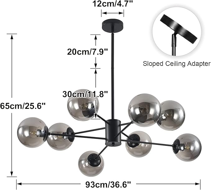 KCO Lighting Modern Glass Globe Sputnik Chandelier 8-Light Mid Century Black - Image 2