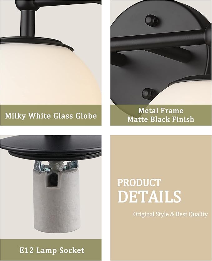 Black Vanity Light, 2 Light Black Modern Bathroom Light Fixtures Over Mirror - Image 6