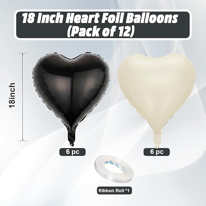 Black White Heart Balloons, 18 Inch Black and Cream White Heart Shape Balloon - Image 2